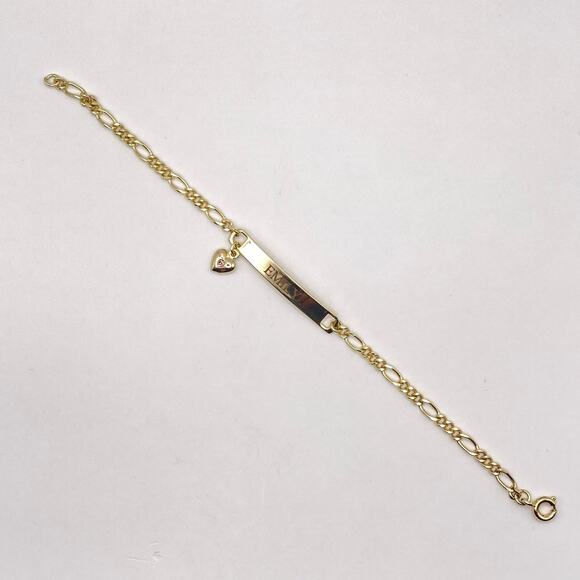 EMILY 10K Gold Plated ID Bracelet Heart Charm Pink Crystal Figaro Chain 6 1/4" - Picture 4 of 7